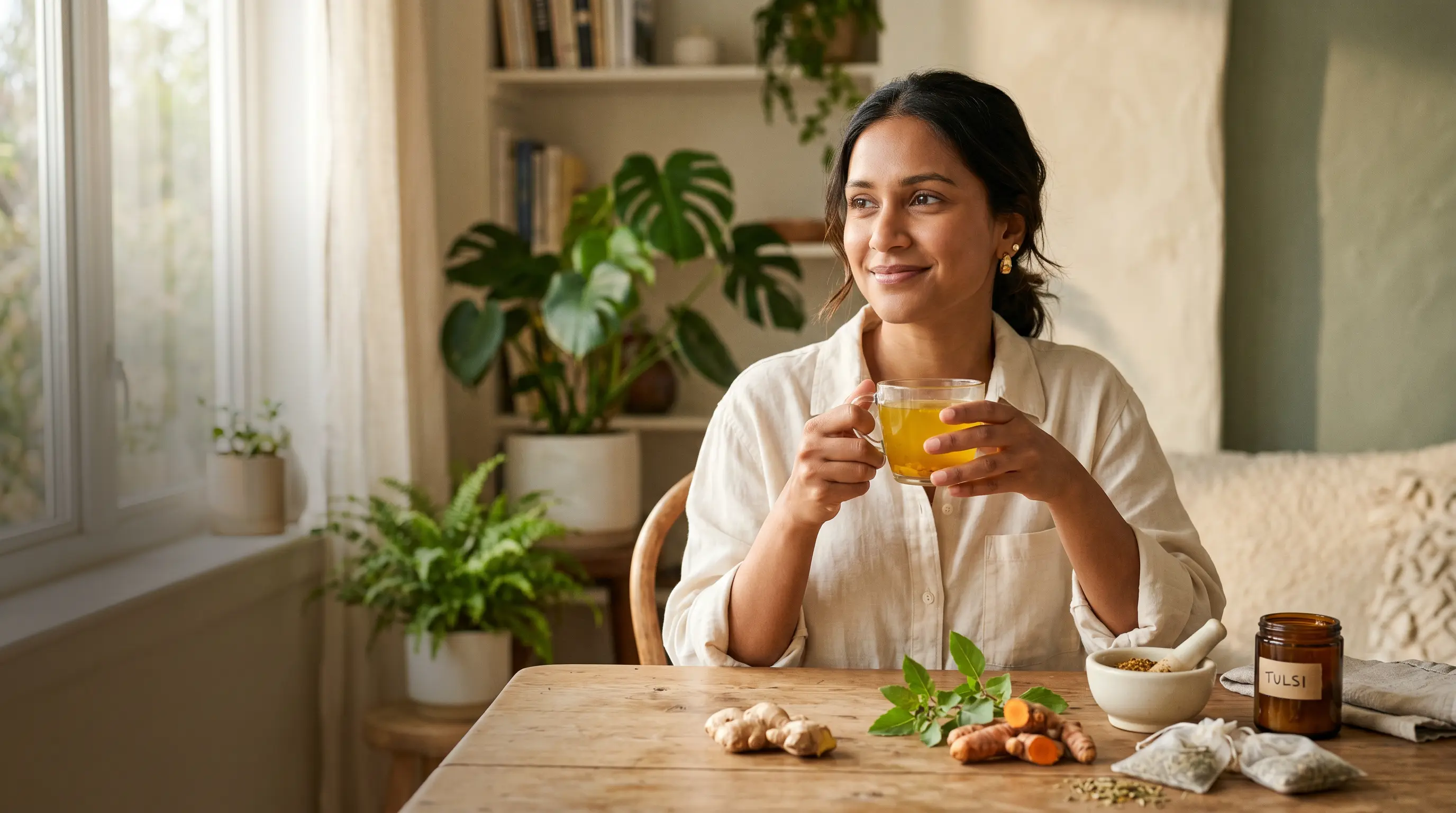 A woman enjoying herbal tea surrounded by fresh turmeric, ginger, and tulsi